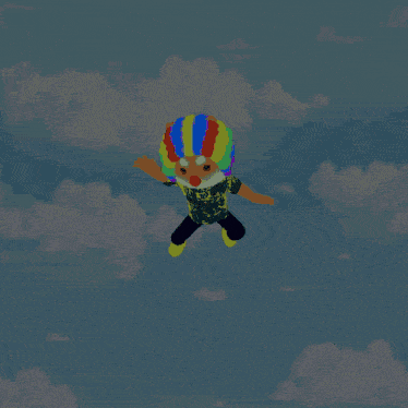a clown is flying through the air surrounded by pizza slices