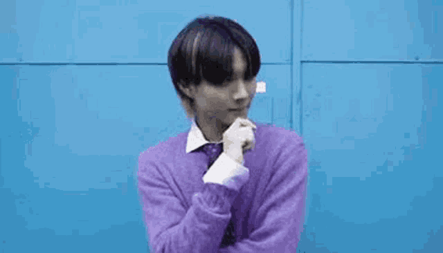 a young man wearing a purple sweater and tie is pointing at something .