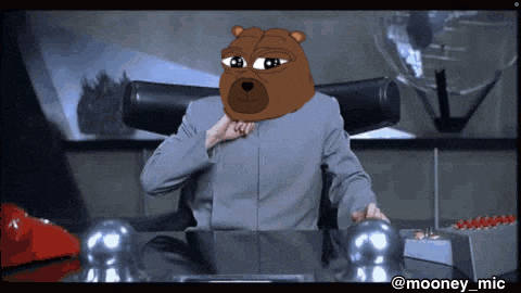 a man in a suit has a cartoon bear head on his head