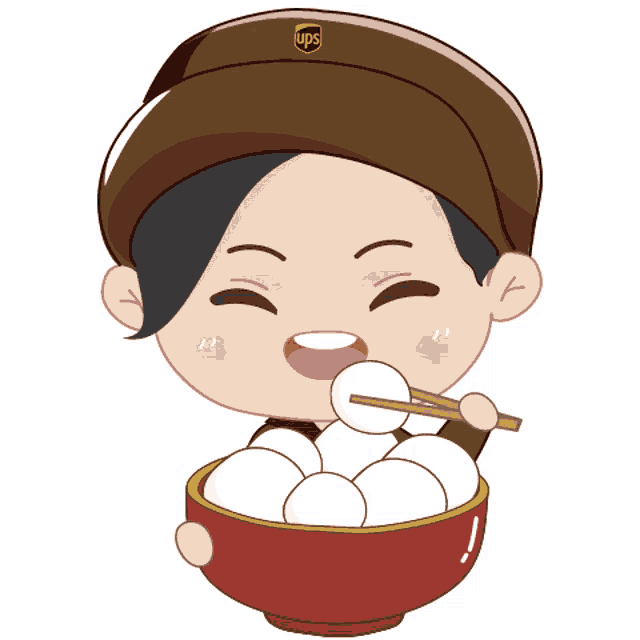 a cartoon of a person wearing a ups hat eating eggs with chopsticks