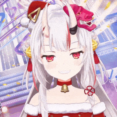 a girl with white hair and red eyes is wearing a santa hat