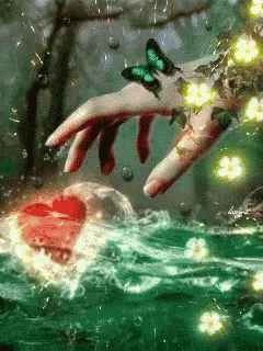 a painting of a hand with a butterfly on it reaching for a heart in the water