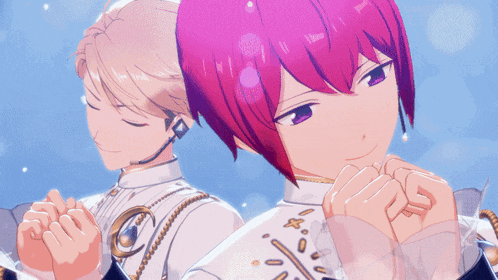 two anime characters one with red hair and the other with blonde hair are holding hands