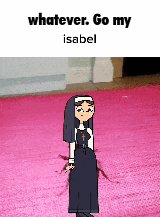a nun from total drama is standing on a pink rug