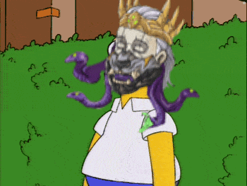 a cartoon of homer simpson with snakes around his neck