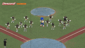 a sonic the hedgehog mascot on a baseball field with dragons written on the bottom