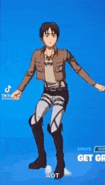eren yeager from attack on titan is dancing on a blue background .