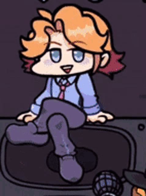 a cartoon character is sitting on top of a microphone in a video game .