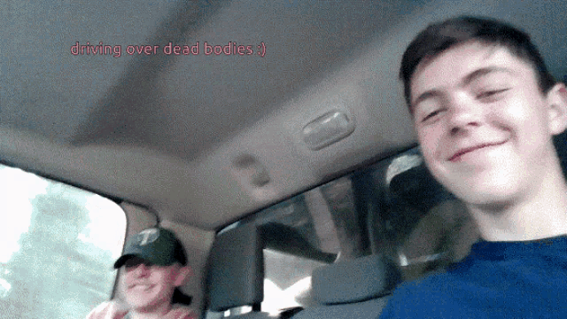 two people in a car with the words driving over dead bodies written above them