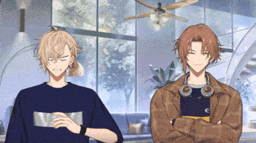 two anime characters standing next to each other in a living room with a ceiling fan