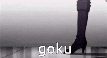 a person is standing on a tiled floor with the word goku written on the floor .