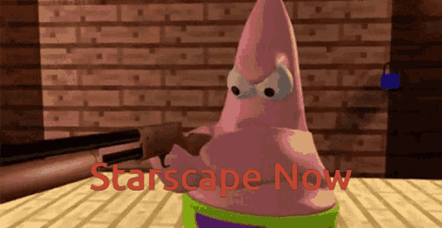 patrick star from spongebob is holding a gun and the words starscape now are behind him