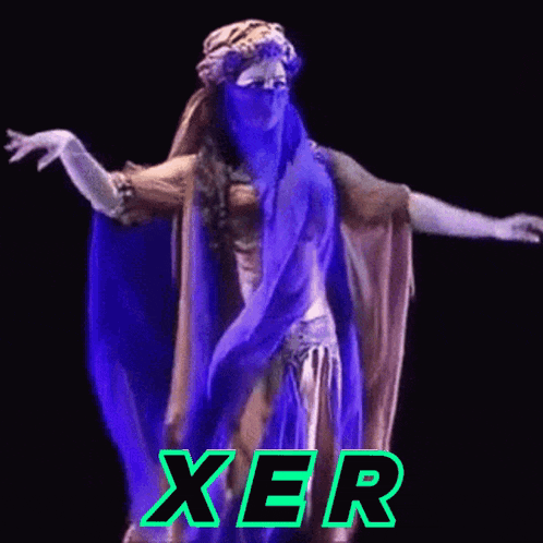 a woman with a veil on her face is dancing with the word xer written above her