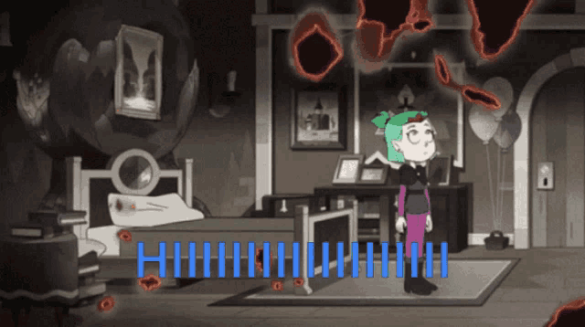 a cartoon of a girl standing in a room with the words " huhuhuhu " written in blue