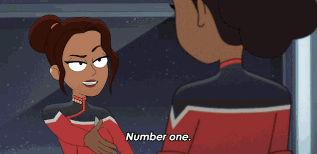 a cartoon of a woman in a red jacket talking to another person