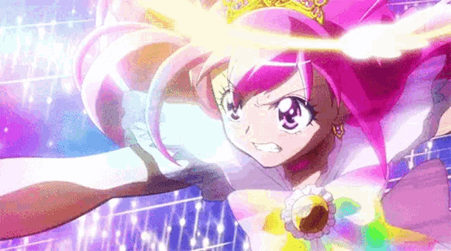 a girl with pink hair and a crown is flying through the air with a light coming out of her eyes .