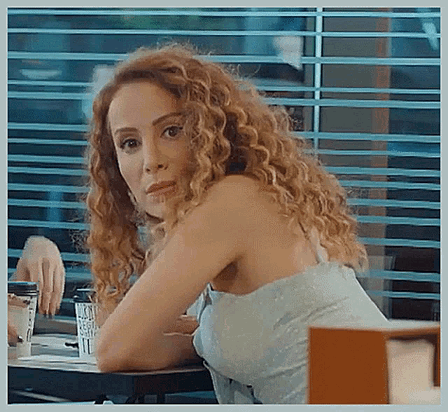 a woman with curly hair is sitting at a table in front of a window looking at the camera .