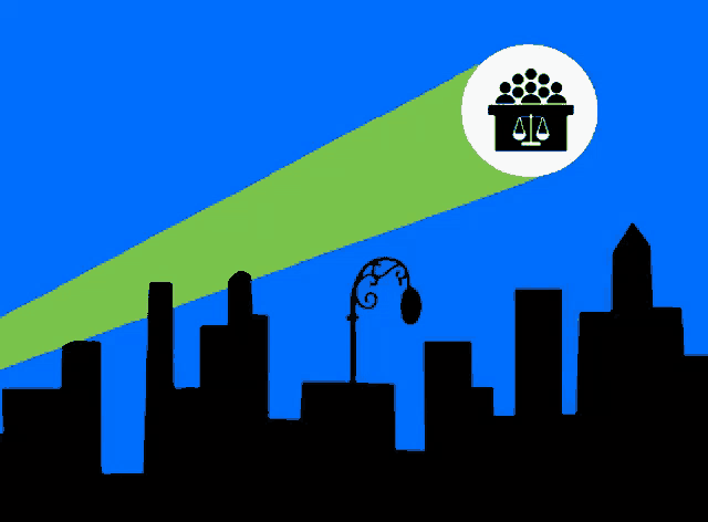 a silhouette of a city skyline with a street light in the foreground and a full moon in the background