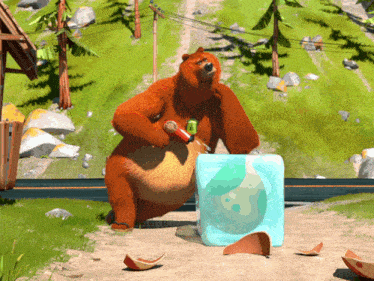 a cartoon bear is standing next to an ice cube with the letter n on it