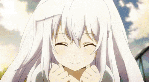 a close up of a white anime girl with red eyes and a star in her eyes .