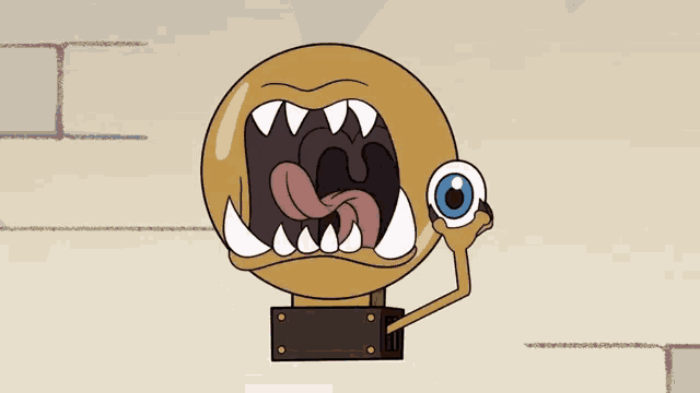 a cartoon character with a large mouth and tongue sticking out holds an eye