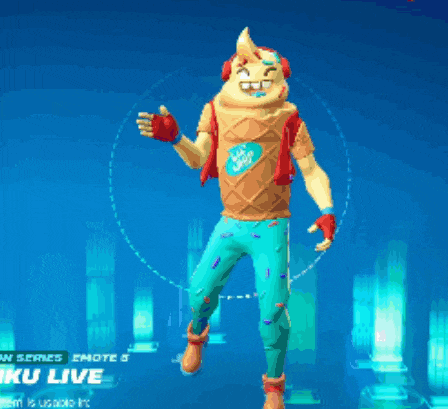 a man in a ice cream cone costume is dancing in front of a sign that says " aku live "