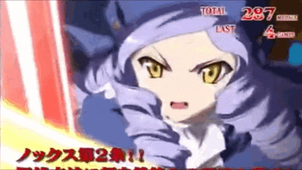 a cartoon girl with purple hair and yellow eyes is holding a sword .