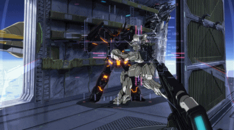 a robot is being controlled by a person holding a gun with the number 140 on it