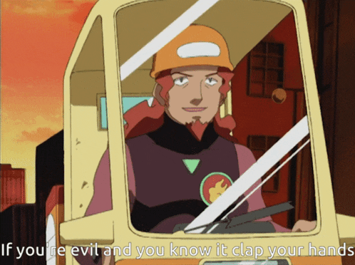 a man in an orange hard hat is driving a vehicle with the words if you re evil and you know it clap your hands