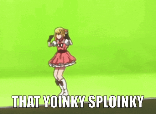 a girl in a red dress is dancing in front of a green screen with the words that yoinky sploinky