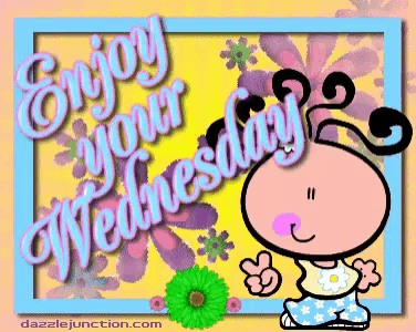 a cartoon says enjoy your wednesday with a flower in the background