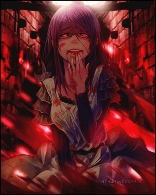a picture of a girl with purple hair and red eyes is titled fathur keyspace