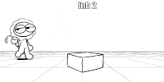 a black and white drawing of a cartoon character holding a box and a dog .