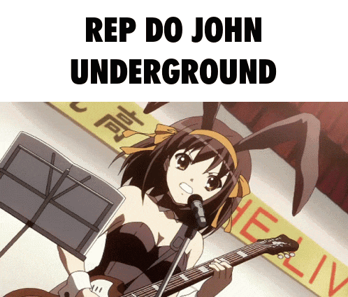 a girl in a bunny costume is playing a guitar and singing into a microphone with the words rep do john underground below her