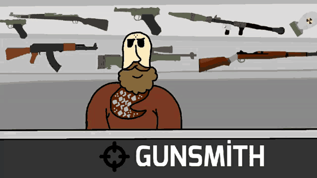 a man with a beard is standing in front of a display of guns with the word gunsmith below him