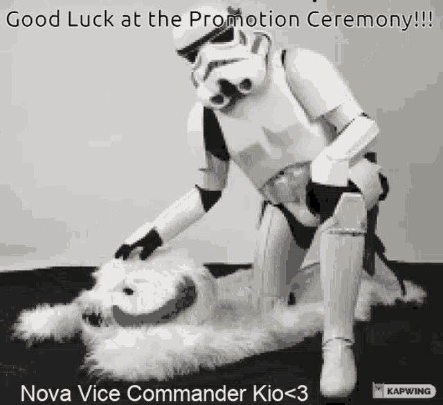 a stormtrooper is kneeling down next to a white dog .