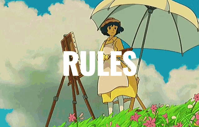 a cartoon drawing of a woman holding an umbrella with the word rules below her
