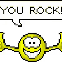 a pixel art illustration of a yellow smiley face with a speech bubble that says `` you rock '' .