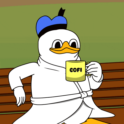 a cartoon of donald duck holding a yellow cup that says cofi