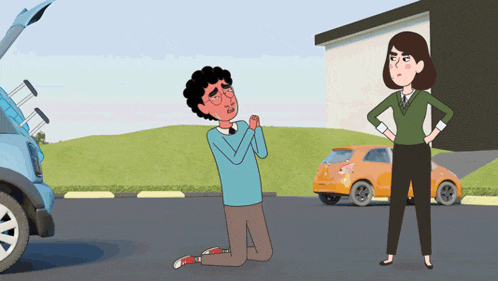 a cartoon of a man kneeling down in front of a woman
