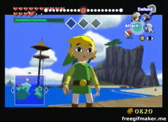 a video game screen shows a boy in a green outfit