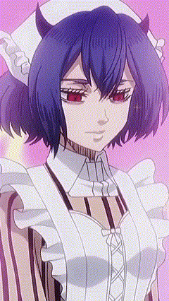 a girl with blue hair and red eyes is wearing a maid outfit and a hat .