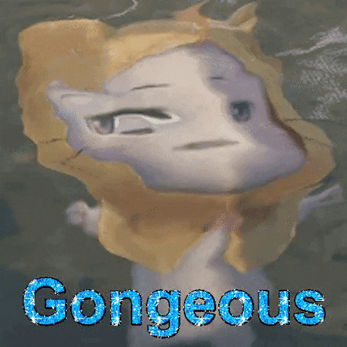 a picture of a cat with the word gorgeous written in blue