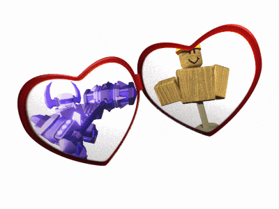 two hearts with a purple robot and a wooden man inside
