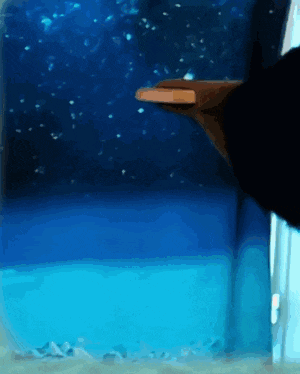 a person is standing in front of a blue background with bubbles