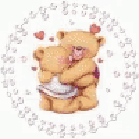 two teddy bears are hugging each other in a circle surrounded by hearts .