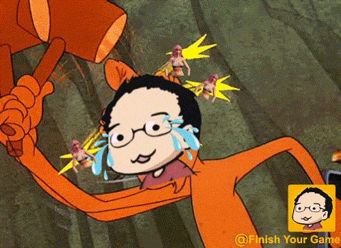 a cartoon of a man holding a hammer with a finish your game logo in the corner