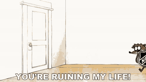 a cartoon of a raccoon standing in front of a door that has the nhl logo on it