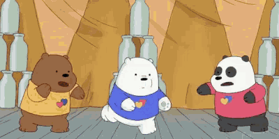 three cartoon bears wearing shirts with hearts on them are standing next to each other