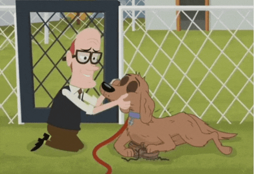 a cartoon of a man petting a dog in front of a chain link fence